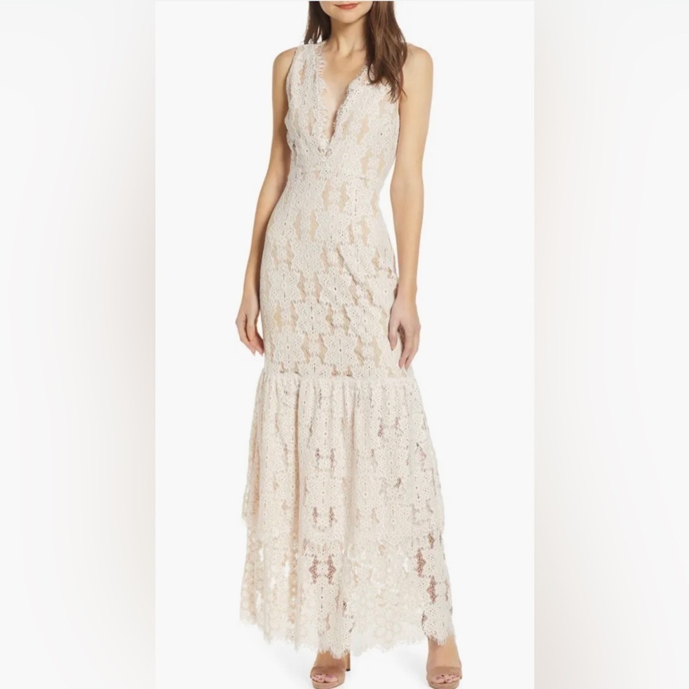 NWT Wayf Meander Tiered Lace Cotton Blend Maxi Dress Ivory Nude M Grad Bridal